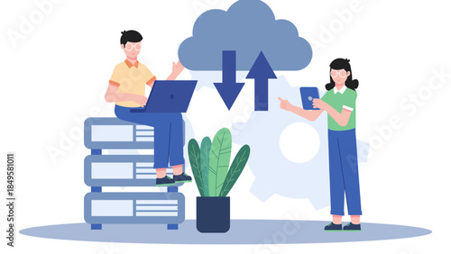 IT Team Managing Cloud Server Infrastructure. Business Flat Vector Illustration