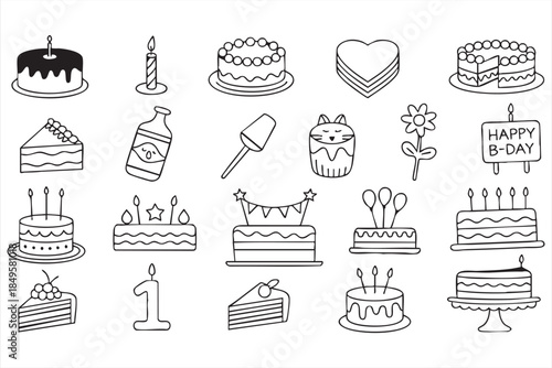 Birthday Cake Line Icons for Party Invitations and Celebration Design