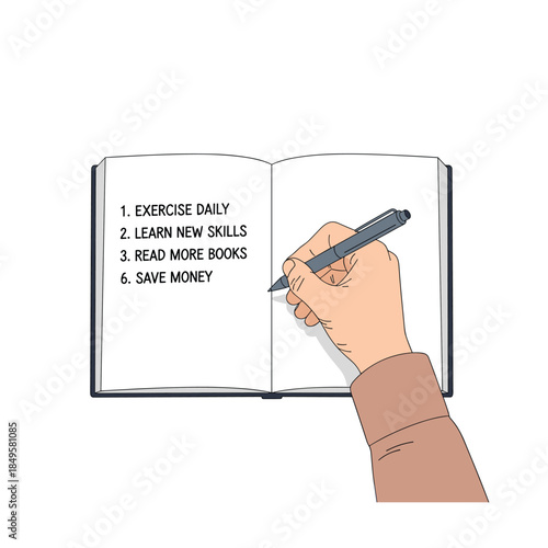 Hand writing daily goals in notebook with pen