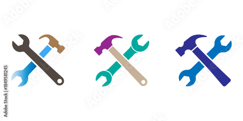 Hammer and wrench tools crossed silhouette isolated on transparent background