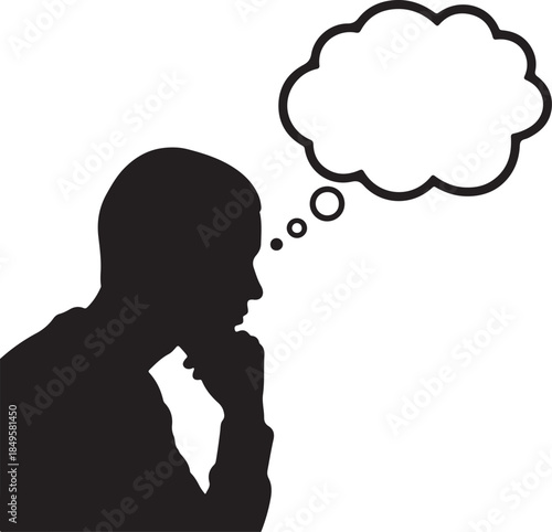 Man thinking silhouette with thought bubble, pensive male profile contemplating on ideas