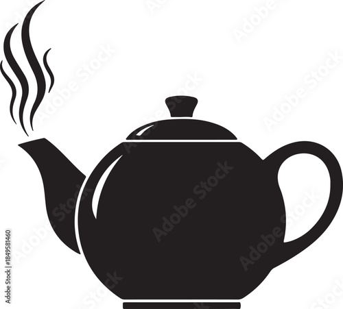 Steaming teapot icon, hot tea kettle silhouette with rising steam on background