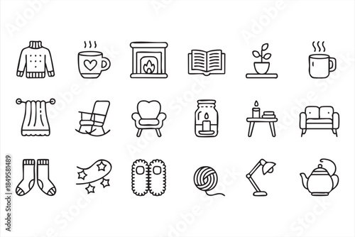 Hygge Living Line Icons for Home Decor Apps and Digital Interfaces