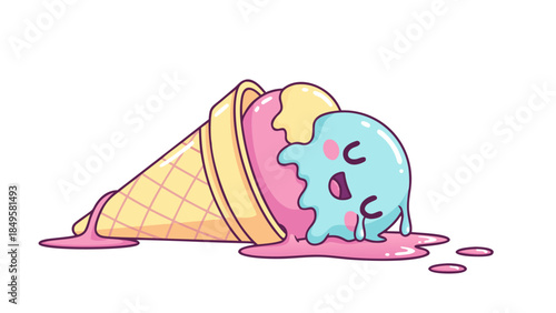 Charming vector illustration of a joyfully melting blue ice cream character spilling from an overturned waffle cone, creating a sweet summer scene