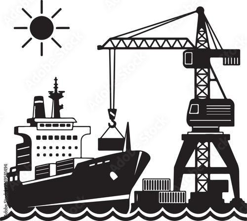 Cargo ship at port with crane, container vessel loading goods under sun