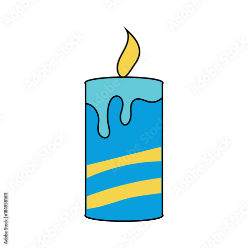 Vibrant blue birthday candle with yellow stripes, light blue dripping wax, and a glowing flame, isolated on white background