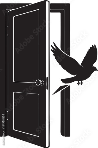 Open door with flying bird silhouette freedom opportunity hope concept