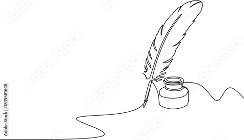 One Line Art Feather Quill and Inkwell, Minimalist Continuous Line Drawing of Vintage Writing Tools.