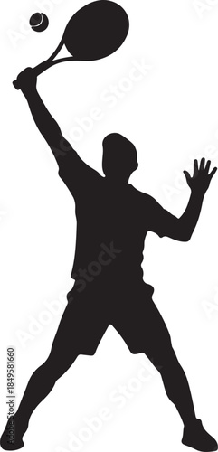 Silhouette of tennis player serving ball with racket during match on grey background