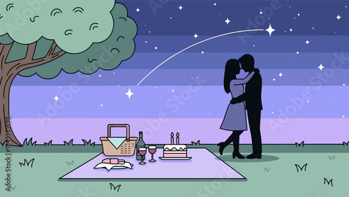 A romantic couple embracing under a starry night sky during an outdoor picnic with cake and wine.
