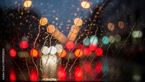 Rainy Night City Lights Abstract Bokeh Background.