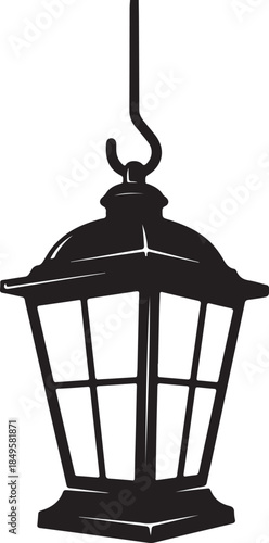Hanging lantern silhouette, vintage outdoor lamp design, exterior lighting fixture, black on white background