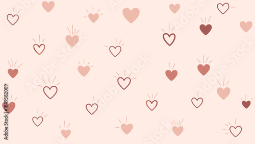 Cute Hand-Drawn Hearts Pattern with Radiant Lines in Soft Pink Background