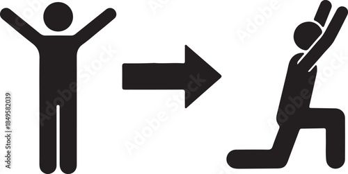 Person transitioning from standing with arms up to kneeling pose, represented by arrow icon, fitness