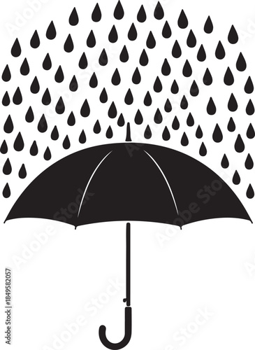 Umbrella protecting from rain drops, black silhouette on transparent background, concept of safety and shelter