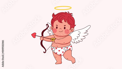 Adorable cartoon cupid with a bow and arrow featuring angel wings and a halo