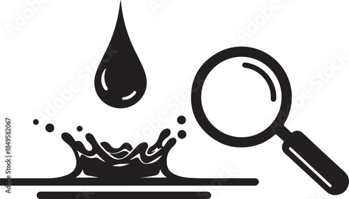 Water drop splashing into water, close-up view with magnifying glass, study, research, science
