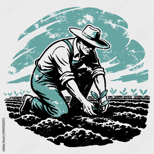 Retro Farmer Planting Seedling Illustration. Vintage Woodcut Style Vector of Man in Hat Tending Field, Agriculture & Growth Concept