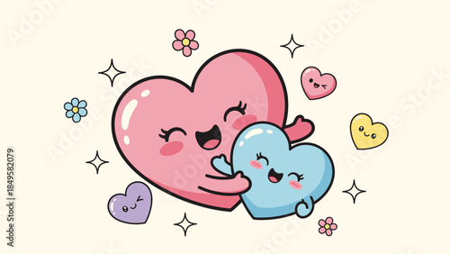 Adorable Te Amo Hearts with Smiling Faces and Sparkles in a Cute Cartoon Style
