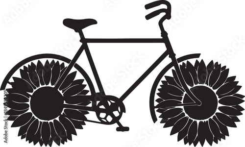 Bicycle with sunflower wheels, creative concept of sustainable travel and eco-friendly transport