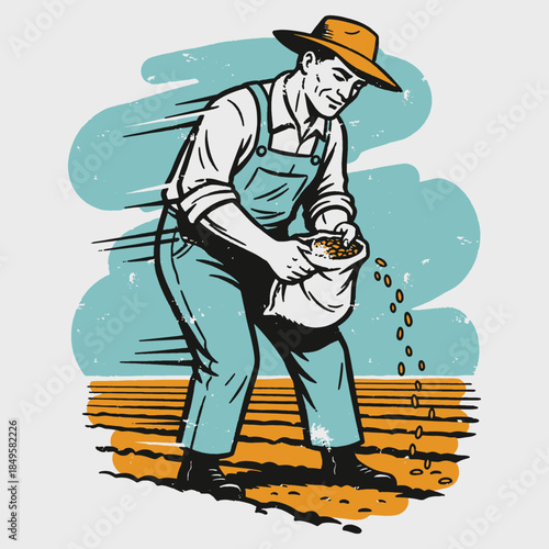 Vintage Farmer Sowing Seeds. Retro Woodcut Illustration of Agricultural Worker Planting Crops by Hand in Field. Distressed Labor Graphic.