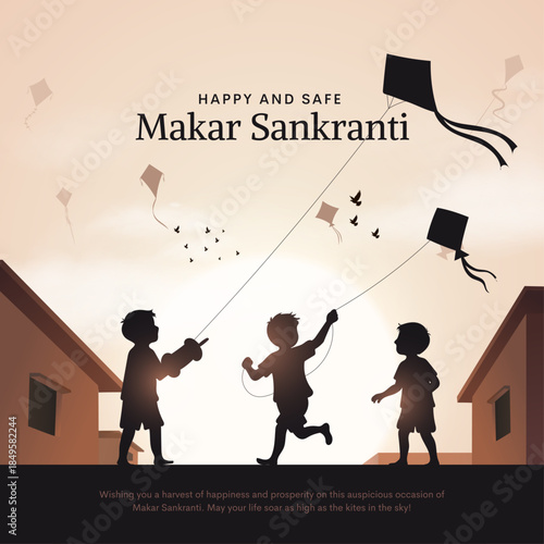 Makar Sankranti Poster design with child flying kite and cityscape. Makar Sankranti is a Hindu harvest festival celebrated across India. Creative vector illustration.