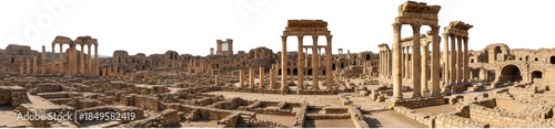 Panoramic view of extensive ancient Roman ruins featuring numerous weathered stone columns partially standing temple structures and foundation remnants under a clear sky Architecture