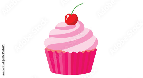 Delicious Pink Cupcake with Cherry Topping on White Background.