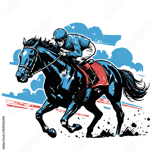Dynamic Horse Racing Illustration. Jockey on Galloping Stallion in Distressed Pop Art Style. Equestrian Sports Vector Graphic.