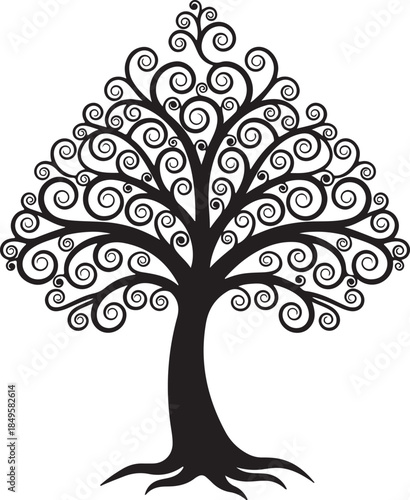 Stylized tree with swirling branches and leaves, decorative organic art, natural beauty symbol