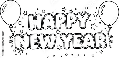 Happy new year celebration with balloons and stars