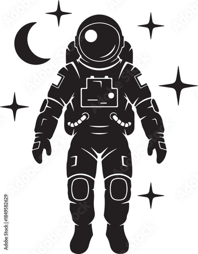 Astronaut floating in space with moon and stars, outer space exploration, cosmic background illustration