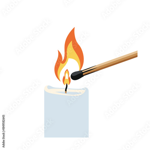 Light blue candle with flame from matchstick