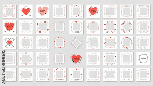 Collection of cute Valentine's Day-themed photo frame templates with hearts and love messages