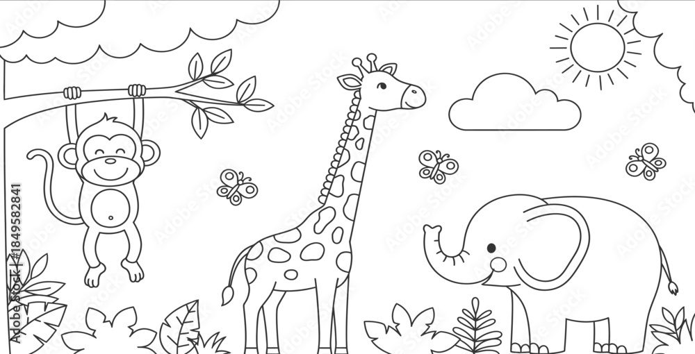 Obraz premium A fun jungle scene with monkey giraffe and elephant friends playing