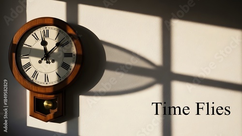 Vintage Clock on White Wall with Shadows.