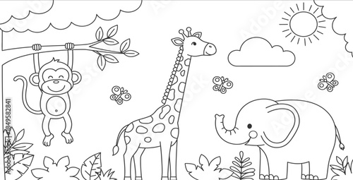 A fun jungle scene with monkey giraffe and elephant friends playing