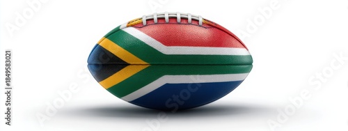 Rugby ball with South African flag design displayed on a plain background