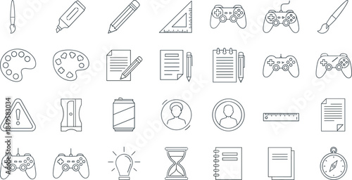 Blue line icons set of stationery gaming controllers user interface symbols minimal vector illustration collection isolated on white background for web app design use