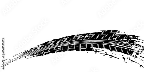 Tire track. Car, bike, motorcycle tyre mark with grunge effect isolated on white background. Wheel footprint on the road. Top view of rubber protector mark.