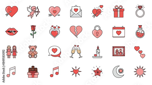 Collection of romantic and love-themed icons including hearts, roses, gifts, and celebrations for