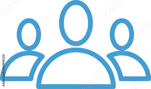 Blue team people icon, group collaboration symbol, user community management illustration, leadership teamwork concept, minimal outline design, isolated on white background, vector flat graphic