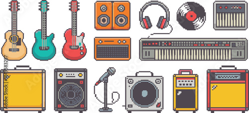 pixel, art, icons, music, instrument, guitar, amplifier, speaker, keyboard, synthesizer, microphone, headphones, vinyl, record, vector, illustration, audio, retro, sound, equipment