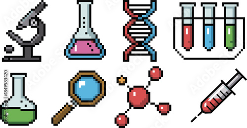 pixel, art, science, lab, tools, microscope, flask, DNA, test, tube, syringe, molecule, magnifier, black, vector, illustration, biology, chemistry, research