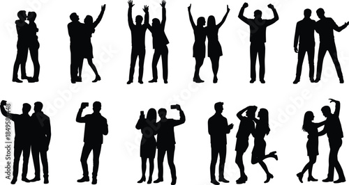 Celebrating people silhouettes collection, happy couples and friends cheering hugging taking photos victory poses isolated on white background vector illustration