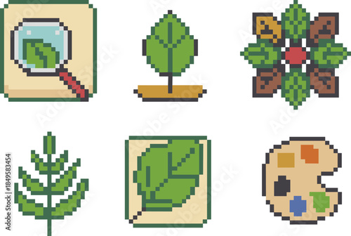 Pixel art botany icon set with leaves herbarium magnifying glass plant branch palette nature science education retro design elements