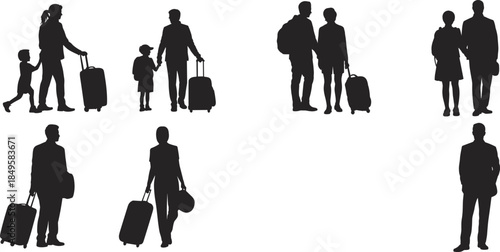 Travel people silhouettes with luggage family tourists walking isolated on white background vacation journey airport vector illustration set