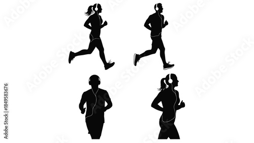 Collection of four black silhouette icons depicting diverse men and women jogging while listening to music through wired headphones