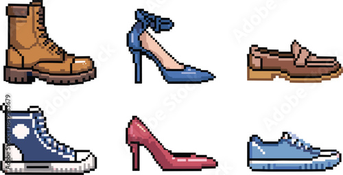 pixel, art, icons, footwear, shoes, sneaker, boot, loafer, heel, fashion, style, retro, vector, illustration, casual, formal, athletic, design, accessory, pixelated