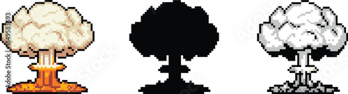 Pixel art mushroom cloud, nuclear explosion, retro blast icon, grayscale silhouette, fiery detonation, atomic bomb concept, digital pixel design